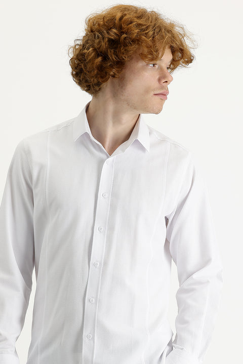 White Long Sleeve Slim Fit Patterned Cotton Shirt, Easy Iron