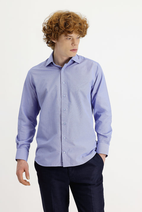 Medium Navy Long Sleeve Slim Fit Narrow Cut Classic Patterned Cotton Easy-Iron Shirt