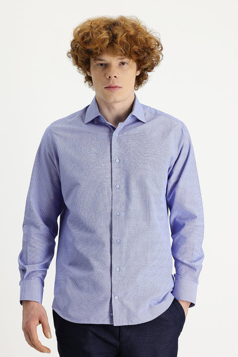Medium Navy Long Sleeve Slim Fit Narrow Cut Classic Patterned Cotton Easy-Iron Shirt