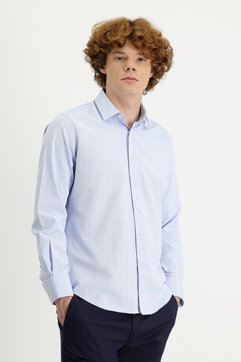 Sky Blue Long Sleeve Slim Fit Narrow Cut Classic Patterned Cotton Easy-Iron Shirt
