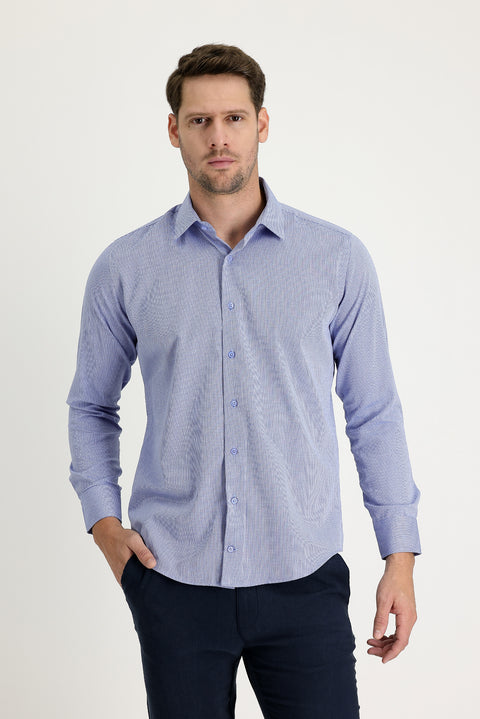 Dark Blue Long Sleeve Slim Fit Narrow Cut Classic Patterned Cotton Easy Iron Shirt