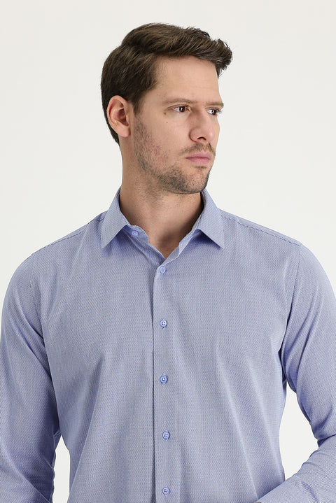 Dark Blue Long Sleeve Slim Fit Narrow Cut Classic Patterned Cotton Easy Iron Shirt