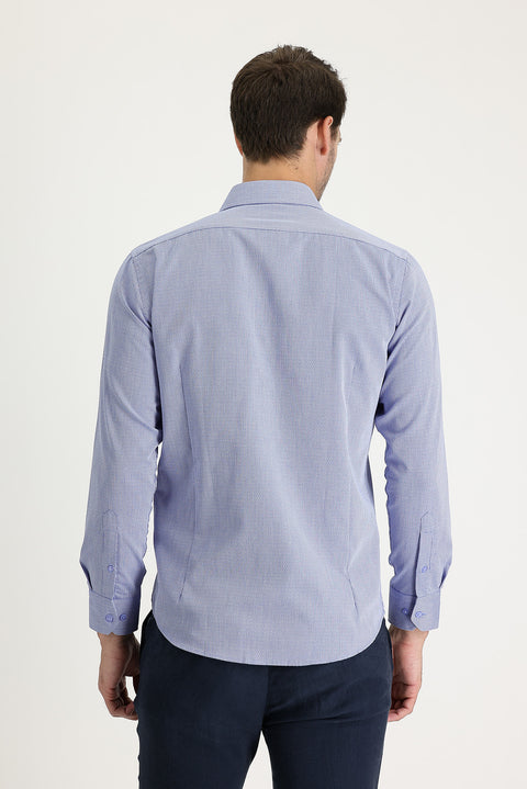 Dark Blue Long Sleeve Slim Fit Narrow Cut Classic Patterned Cotton Easy Iron Shirt