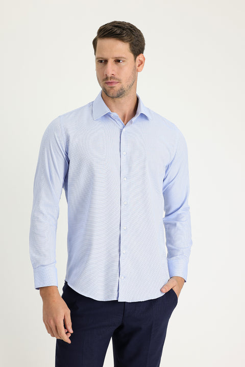 Light Blue Long Sleeve Slim Fit Narrow Cut Classic Patterned Cotton Easy-Iron Shirt
