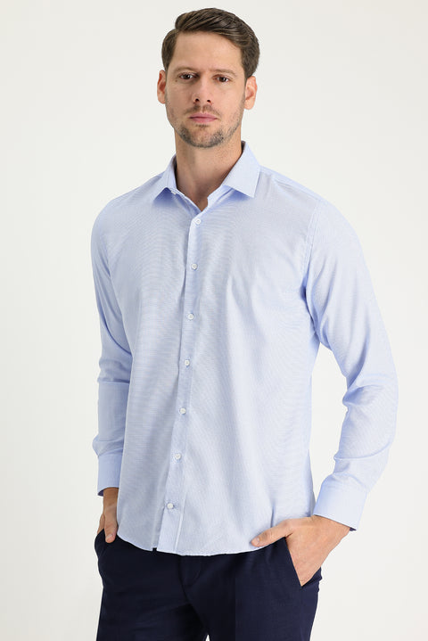 Light Blue Long Sleeve Slim Fit Narrow Cut Classic Patterned Cotton Easy-Iron Shirt