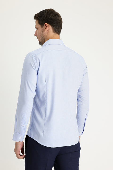 Light Blue Long Sleeve Slim Fit Narrow Cut Classic Patterned Cotton Easy-Iron Shirt