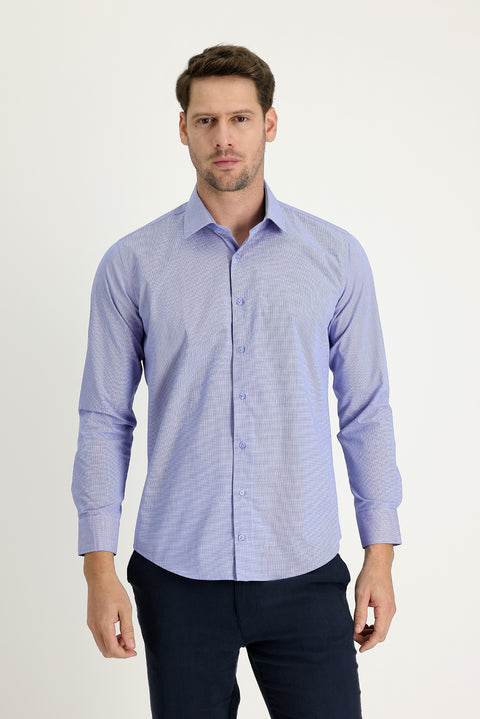 Dark Blue Long Sleeve Slim Fit Narrow Cut Classic Patterned Cotton Easy Iron Shirt
