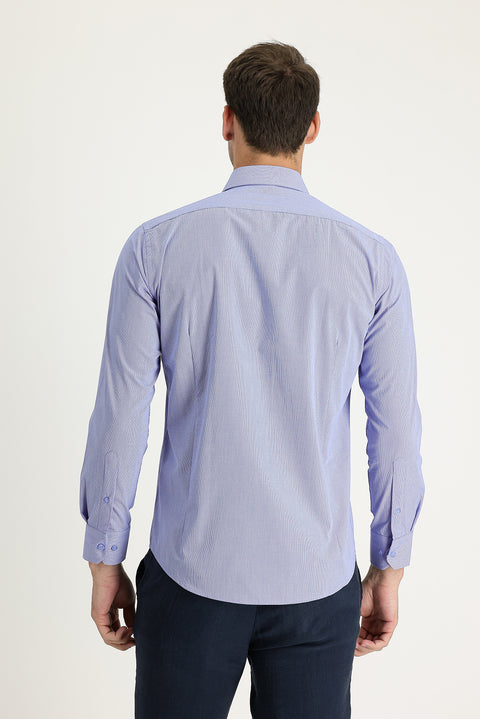 Dark Blue Long Sleeve Slim Fit Narrow Cut Classic Patterned Cotton Easy Iron Shirt