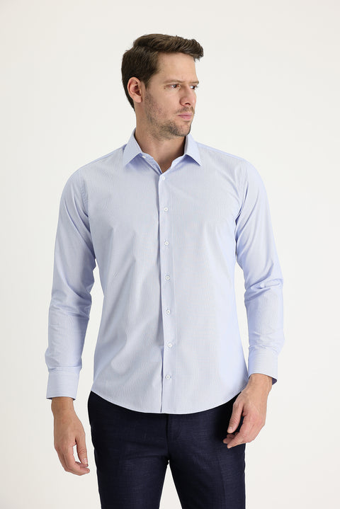 Açık Mavi Uzun Kol Slim Fit Dar Kesim Klasik Desenli Pamuklu Kolay Ütülenebilir Gömlek