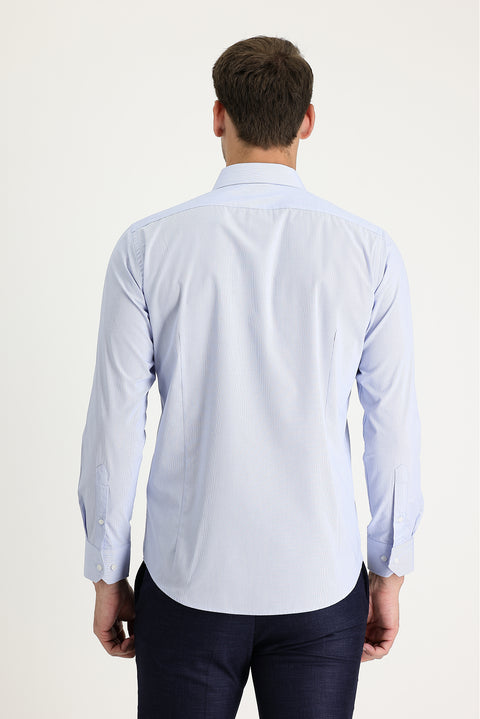 Açık Mavi Uzun Kol Slim Fit Dar Kesim Klasik Desenli Pamuklu Kolay Ütülenebilir Gömlek
