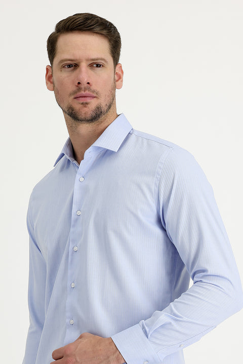 Light Blue Long Sleeve Slim Fit Narrow Cut Classic Patterned Cotton Easy Iron Shirt