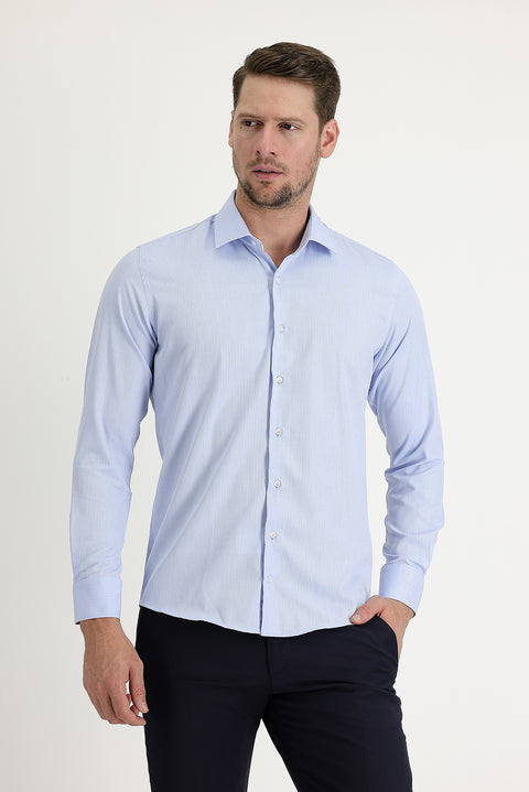 Light Blue Long Sleeve Slim Fit Narrow Cut Classic Patterned Cotton Easy Iron Shirt