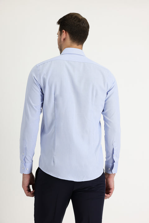Light Blue Long Sleeve Slim Fit Narrow Cut Classic Patterned Cotton Easy Iron Shirt