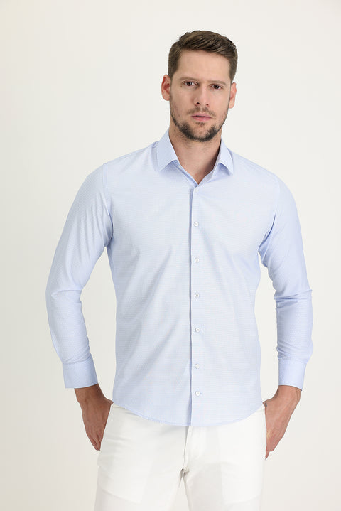 Light Blue Long Sleeve Slim Fit Patterned Oxford Cotton Easy-Iron Shirt