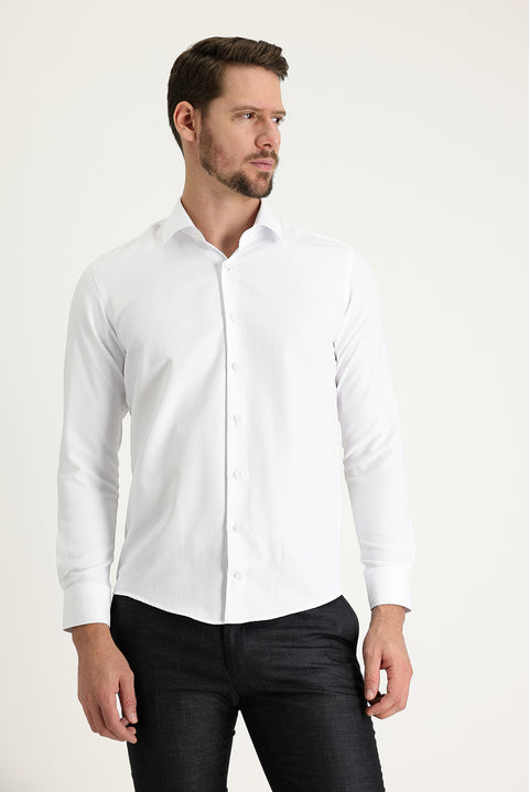 Beyaz Uzun Kol Slim Fit Dar Kesim Desenli Oxford Pamuklu Kolay Ütülenebilir Gömlek