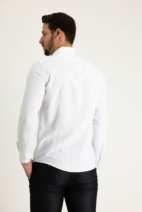 Beyaz Uzun Kol Slim Fit Dar Kesim Desenli Oxford Pamuklu Kolay Ütülenebilir Gömlek