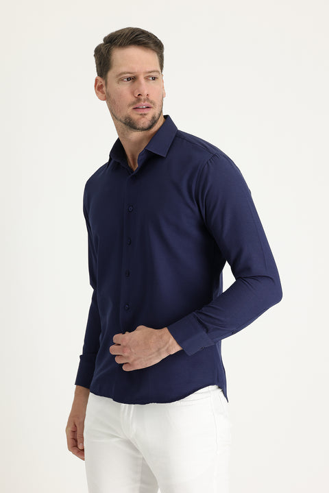 Dark Navy Long Sleeve Slim Fit Narrow Cut Classic Patterned Cotton Easy-Iron Shirt
