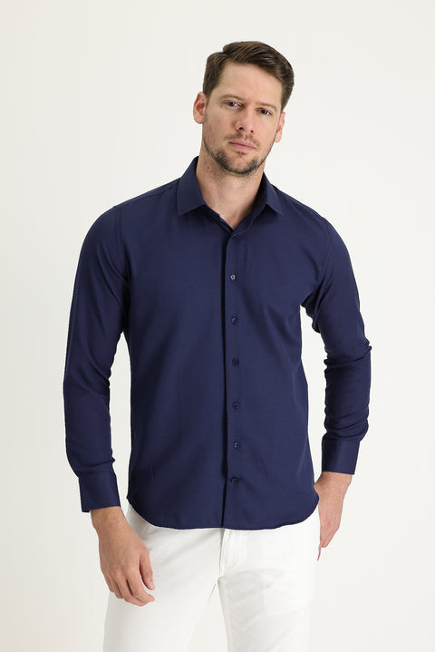 Dark Navy Long Sleeve Slim Fit Narrow Cut Classic Patterned Cotton Easy-Iron Shirt