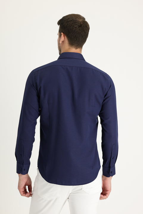 Dark Navy Long Sleeve Slim Fit Narrow Cut Classic Patterned Cotton Easy-Iron Shirt