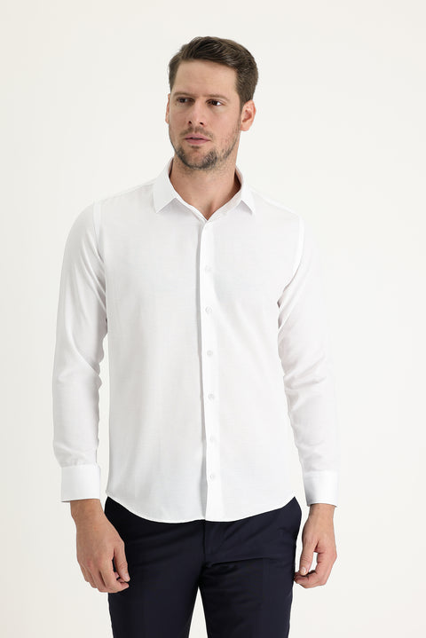 White Long Sleeve Slim Fit Narrow Cut Classic Patterned Cotton Easy Iron Shirt