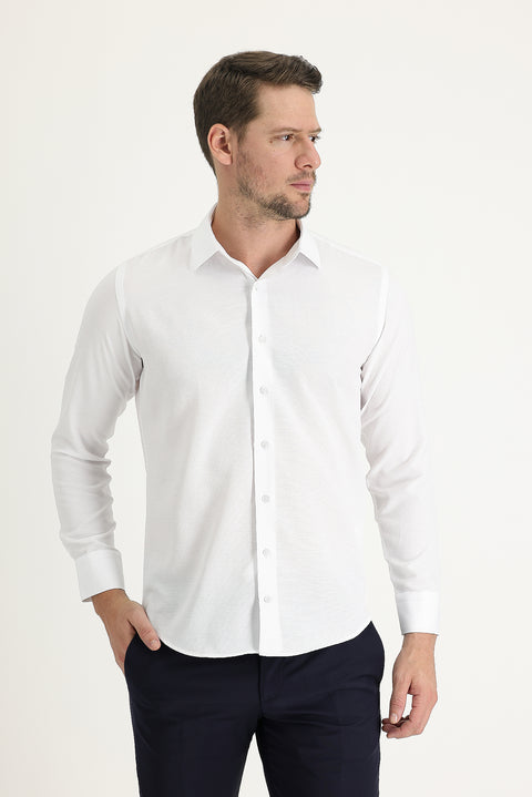White Long Sleeve Slim Fit Narrow Cut Classic Patterned Cotton Easy Iron Shirt