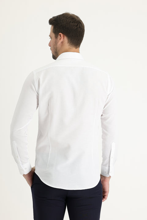 White Long Sleeve Slim Fit Narrow Cut Classic Patterned Cotton Easy Iron Shirt