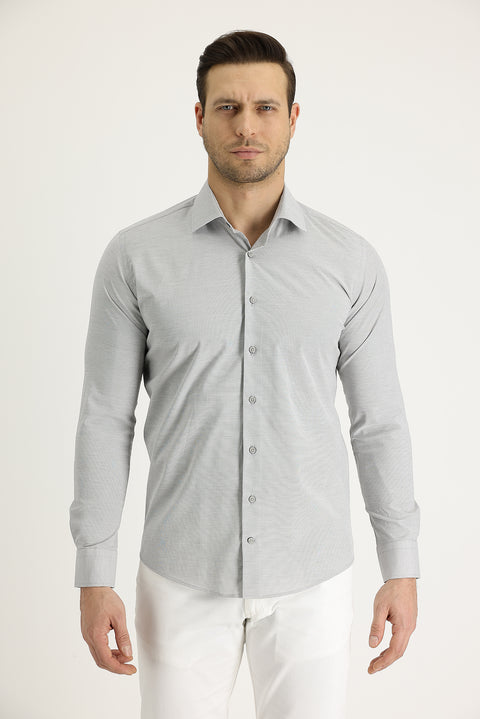 Titanium Grey Long Sleeve Slim Fit Narrow Cut Classic Patterned Cotton Easy Iron Shirt