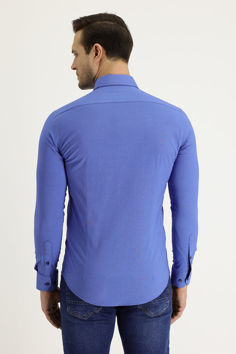 Koyu Lacivert Uzun Kol Slim Fit Dar Kesim Klasik Desenli Pamuklu Kolay Ütülenebilir Gömlek