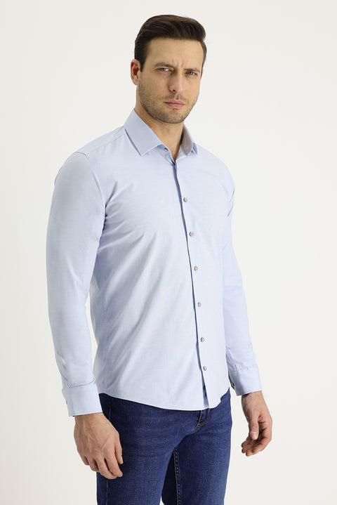Light Blue Long Sleeve Slim Fit Narrow Cut Classic Patterned Cotton Easy Iron Shirt