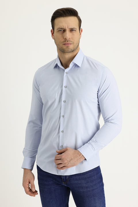 Light Blue Long Sleeve Slim Fit Narrow Cut Classic Patterned Cotton Easy Iron Shirt