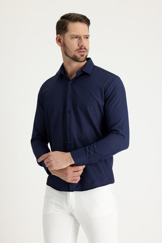  Koyu Lacivert Uzun Kol Slim Fit Dar Kesim Klasik Desenli Pamuklu Kolay Ütülenebilir Gömlek