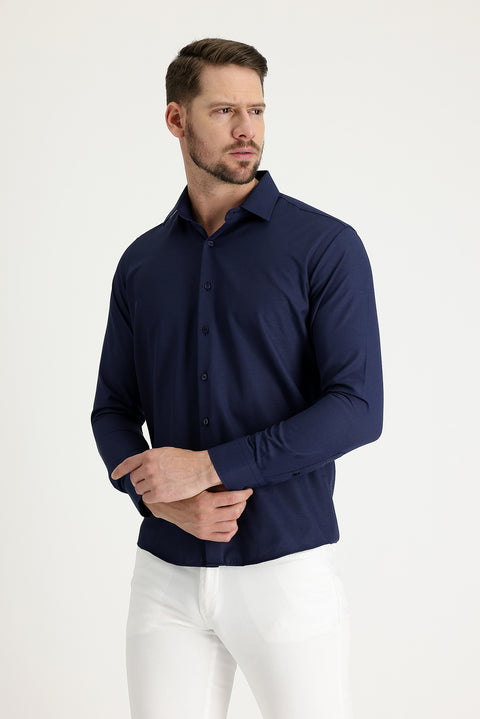 Dark Navy Long Sleeve Slim Fit Narrow Cut Classic Patterned Cotton Easy-Iron Shirt