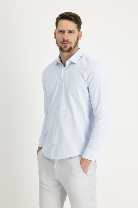 Light Blue Long Sleeve Slim Fit Narrow Cut Classic Patterned Cotton Easy-Iron Shirt