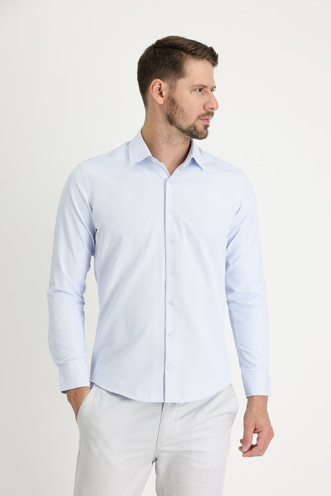 Light Blue Long Sleeve Slim Fit Narrow Cut Classic Patterned Cotton Easy-Iron Shirt