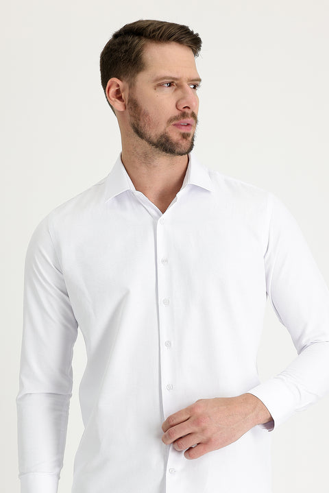 White Long Sleeve Slim Fit Narrow Cut Classic Patterned Cotton Easy Iron Shirt
