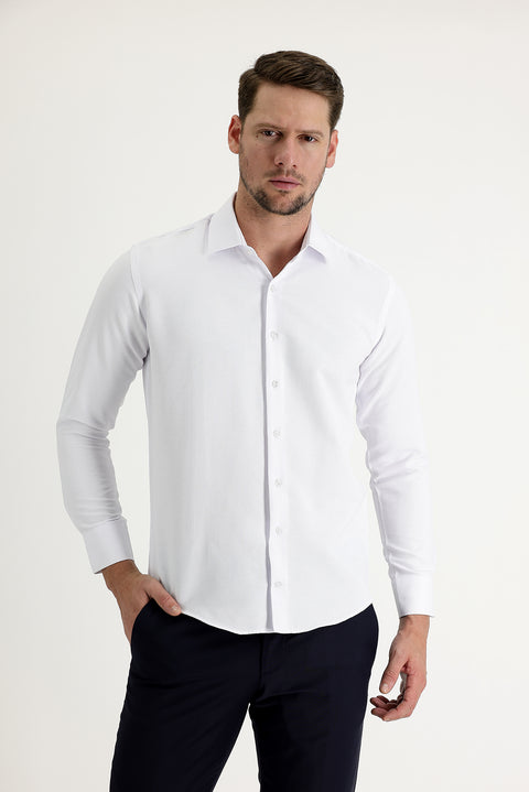 White Long Sleeve Slim Fit Narrow Cut Classic Patterned Cotton Easy Iron Shirt
