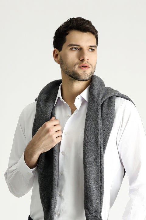 White Long-Sleeve Classic Patterned Cotton Shirt