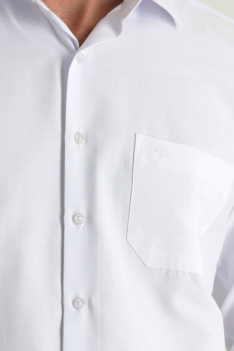 White Long-Sleeve Classic Patterned Cotton Shirt