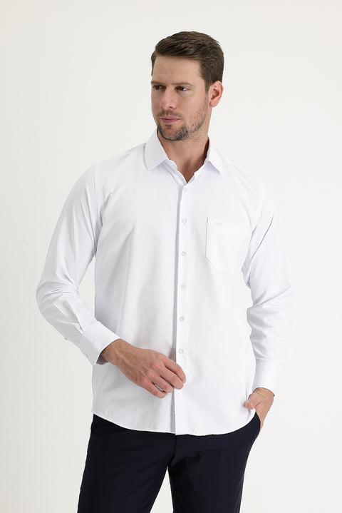 White Long-Sleeve Classic Patterned Cotton Easy-Iron Shirt