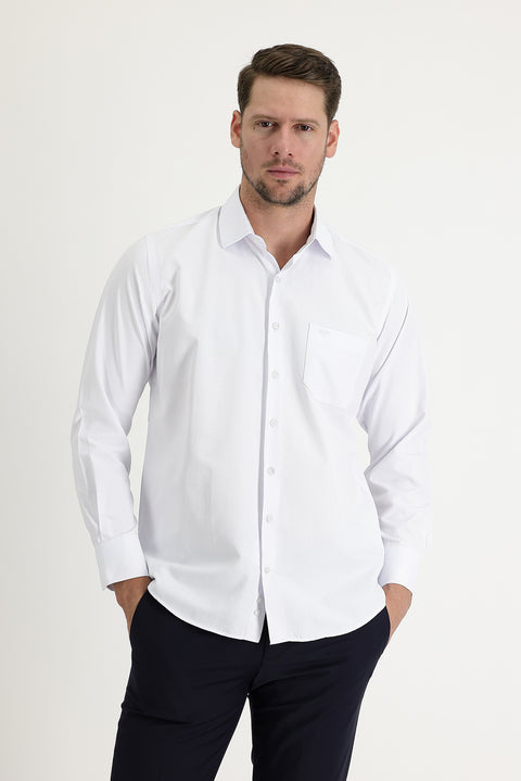White Long-Sleeve Classic Patterned Cotton Easy-Iron Shirt