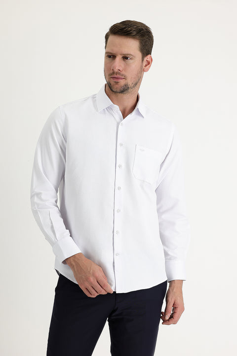 White Long-Sleeve Classic Patterned Cotton Easy-Iron Shirt