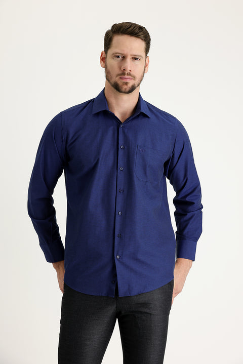 Medium Navy Long Sleeve Classic Patterned Cotton Easy-Iron Shirt