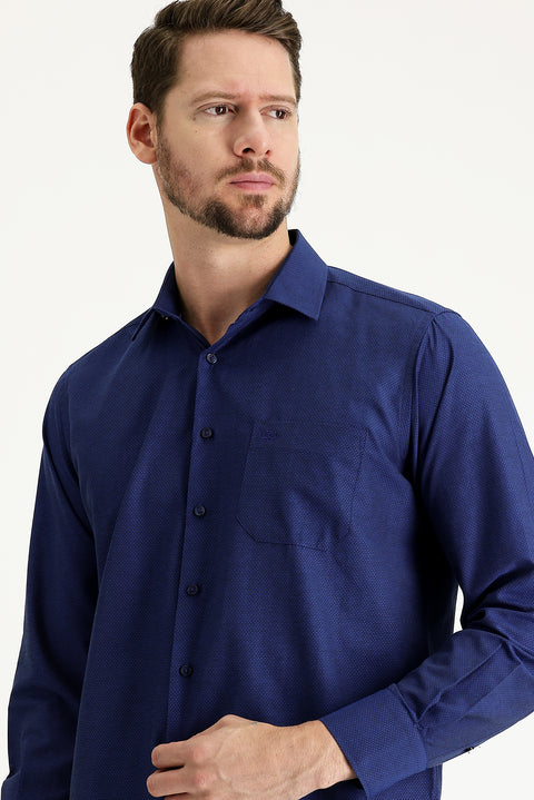 Medium Navy Long Sleeve Classic Patterned Cotton Easy-Iron Shirt
