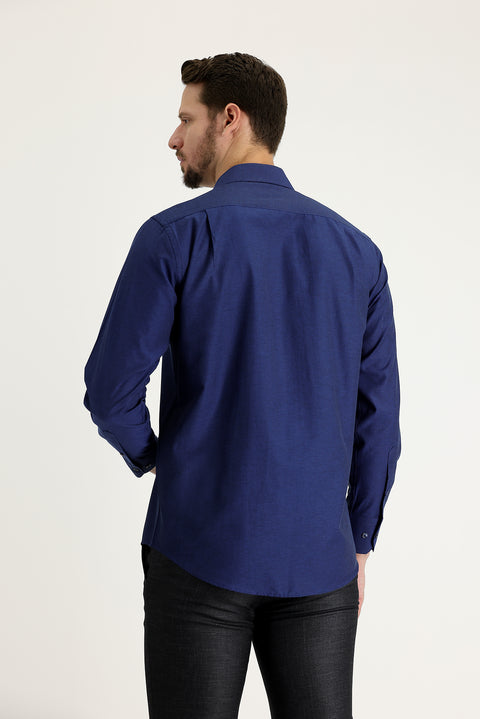 Medium Navy Long Sleeve Classic Patterned Cotton Easy-Iron Shirt