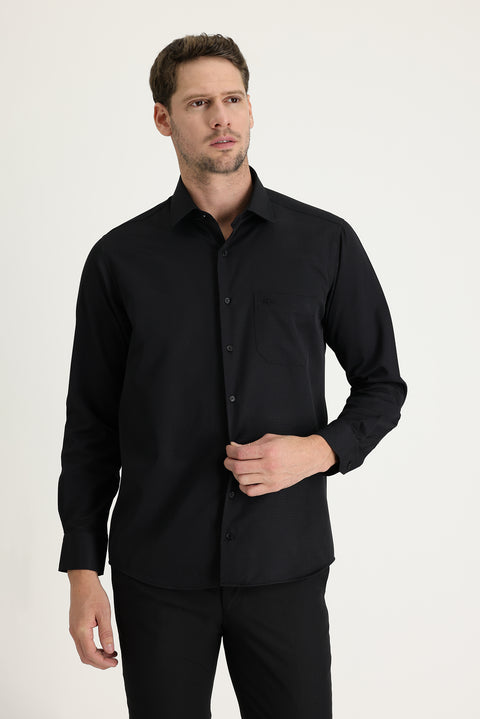 Black Long-Sleeve Classic Patterned Cotton Easy-Iron Shirt