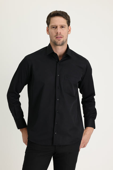 Black Long-Sleeve Classic Patterned Cotton Easy-Iron Shirt