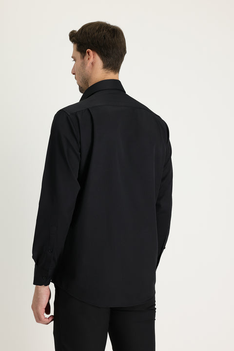 Black Long-Sleeve Classic Patterned Cotton Easy-Iron Shirt