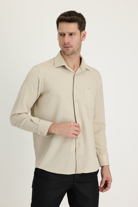 Light Beige Long Sleeve Classic Patterned Cotton Easy-Iron Shirt