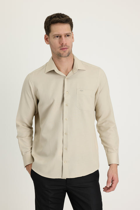 Light Beige Long Sleeve Classic Patterned Cotton Easy-Iron Shirt
