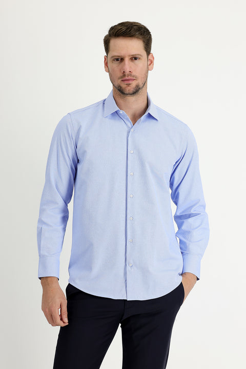 Blue Long-Sleeve Classic Patterned Cotton Easy-Iron Shirt